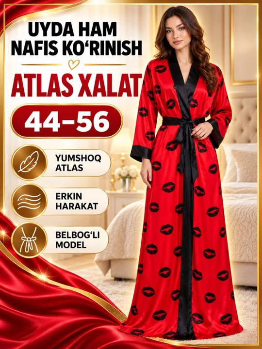Ayollar uchun atlas xalat-penyuar, uzun belbog‘li uy kiyimi, 44–56 razmer - 