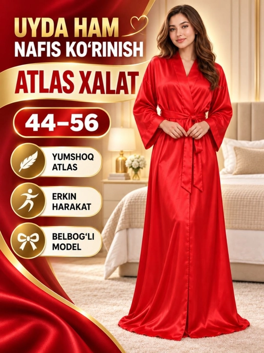 Ayollar uchun atlas xalat-penyuar, uzun belbog‘li uy kiyimi, 44–56 razmer - 