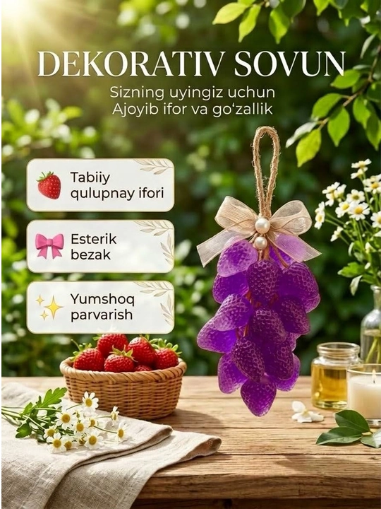 Sovun — "Uzum" shaklidagi dekorativ va atirgul iforli sovg'a uchun