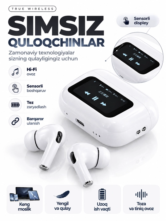 Simsiz Bluetooth naushnik A9 Pro, smart ekranli, ANC, USB-C, mikrofon, kuchli bass - 