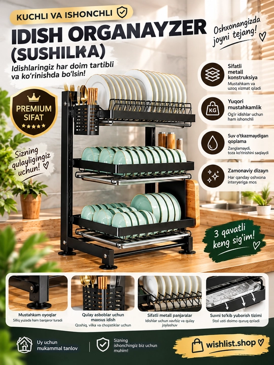 Idish-tovoq quritgichi metall, stol usti sushilka, oshxona uchun organayzer - 