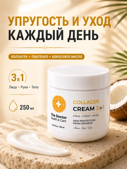 Крем Домашний Доктор, 3 в 1 косметический, с пантенолом, гиалуроном, сулиткой, 250 мл