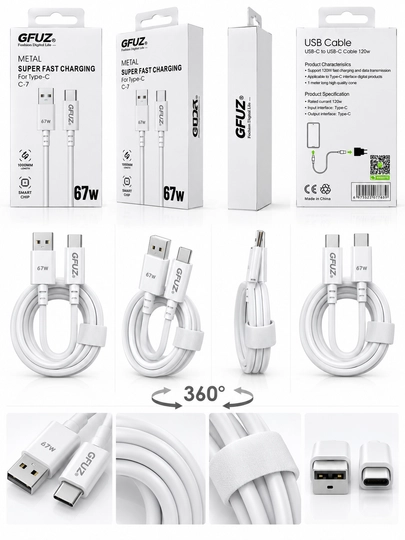 GFUZ Type-C kabel 67W — tezkor zaryadlash va ma’lumot uzatish uchun