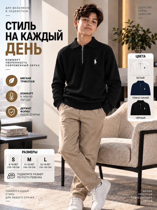 O‘g‘il bolalar uchun trikotaj polo sviter, fermuarli, issiq va qulay, 11–16 yosh