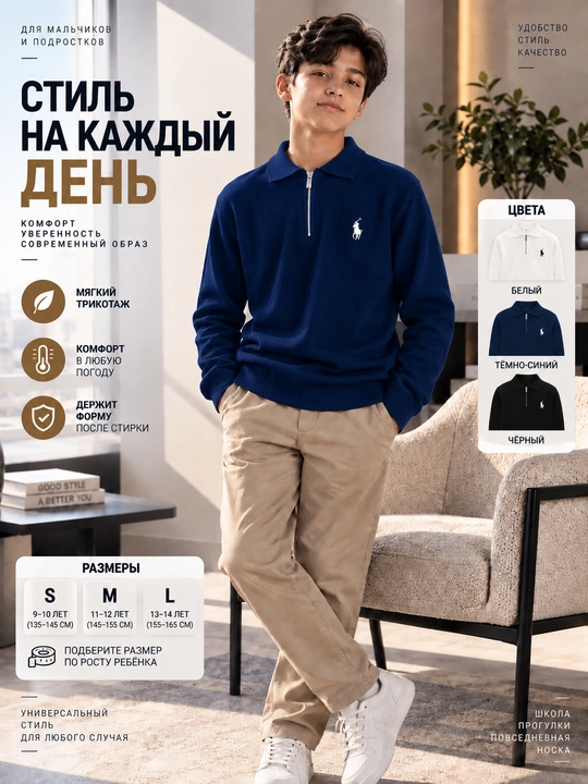 O‘g‘il bolalar uchun trikotaj polo sviter, fermuarli, issiq va qulay, 11–16 yosh