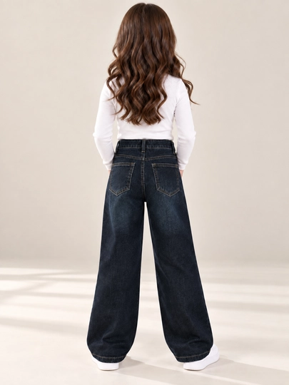 Qizlar jinsi, keng jinsi, wide leg jinsi, to‘q ko‘k denim, bolalar jinsi, zamonaviy kiyim