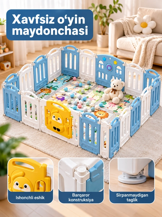 Bolalar maneji, katta o‘yin maydoni, himoya to‘sig‘i va eshigi bor, uy uchun mo‘ljallangan