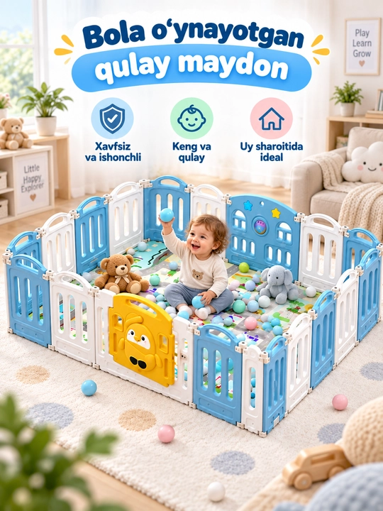 Bolalar maneji, katta o‘yin maydoni, himoya to‘sig‘i va eshigi bor, uy uchun mo‘ljallangan