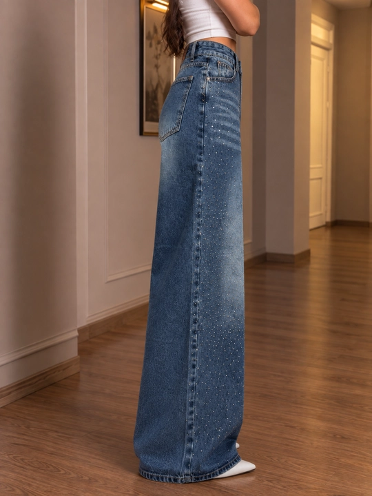 Ayollar uchun keng shim (wide leg) strazali, yuqori bel, ko'k jinsilar