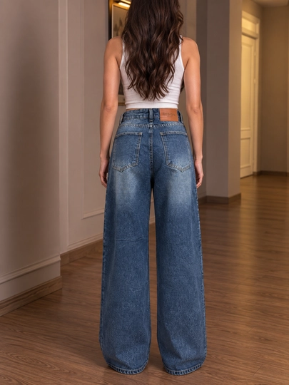 Ayollar uchun keng shim (wide leg) strazali, yuqori bel, ko'k jinsilar