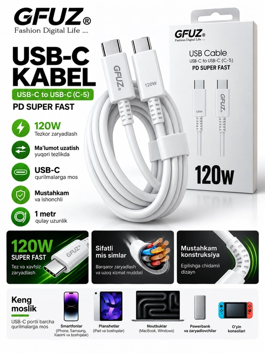 GFUZ USB-C to USB-C 120W zaryadlash kabeli — PD Super Fast, 1 metr (Type-C) - 