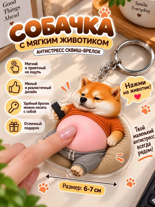 Собачка с мягким животиком, антистресс сквиш-брелок - 