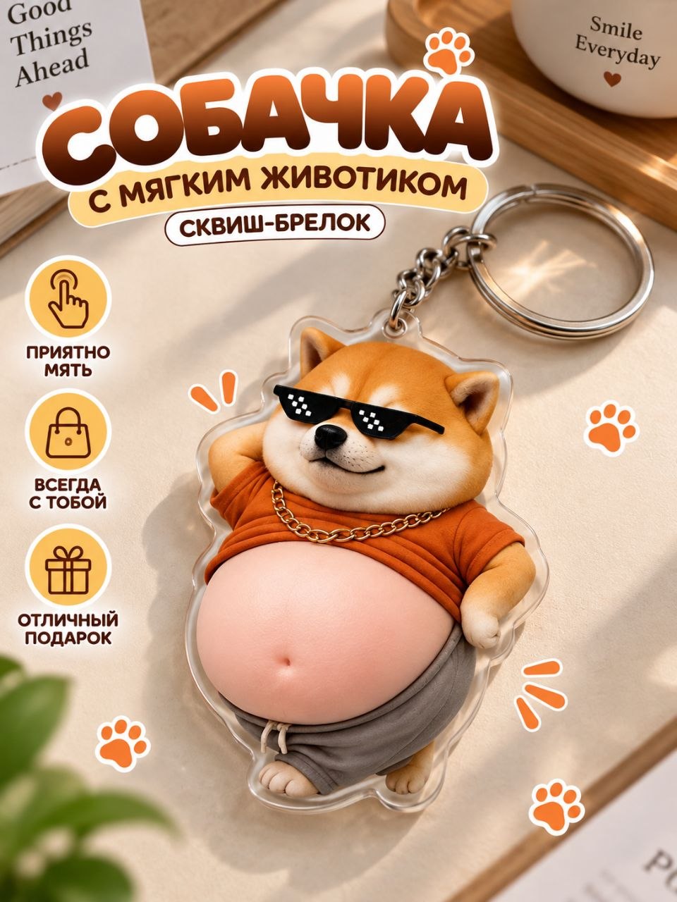 Собачка с мягким животиком, антистресс сквиш-брелок - 