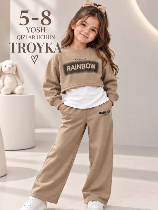 Qizlar uchun zamonaviy kostyum-troyka 5–8 yosh, 3 qismli sport kostyum, kundalik kiyim - 