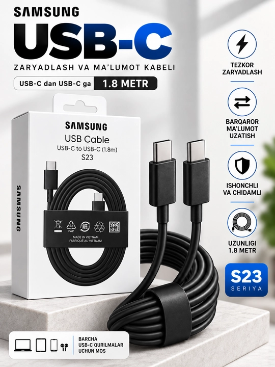 Samsung USB-C to USB-C kabel 1.8 m — zaryadlash va ma’lumot uzatish kabeli - 