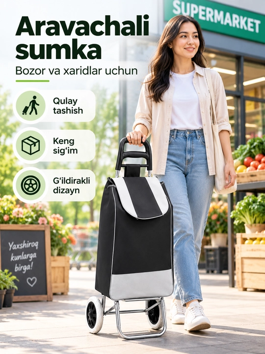 Aravachali sumka, g‘ildirakli xo‘jalik sumkasi bozor va xaridlar uchun