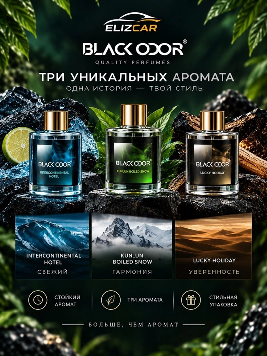 Ароматизатор для автомобиля Black Odor ElizCar, подарочный набор, диффузор и 3 аромата