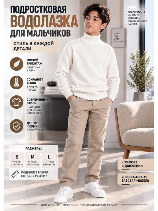 Трикотажная водолазка для подростков, длинный рукав, для мальчиков - 
