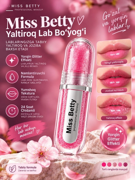 Miss Betty yaltiroq lab bo'yog'i, glitter effektli namlantiruvchi lab uchun blesk