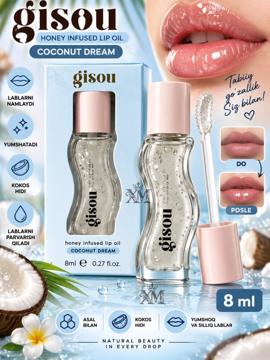 Gisou Honey – Lab uchun blesk, namlantiruvchi moy, 8ml - 