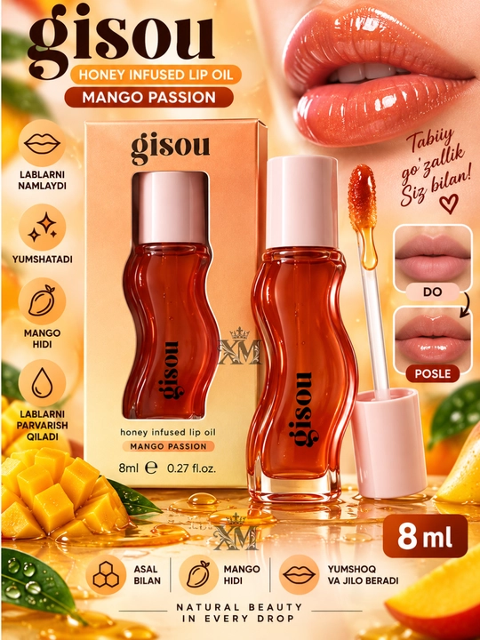 Gisou Honey – Lab uchun blesk, namlantiruvchi moy, 8ml - 