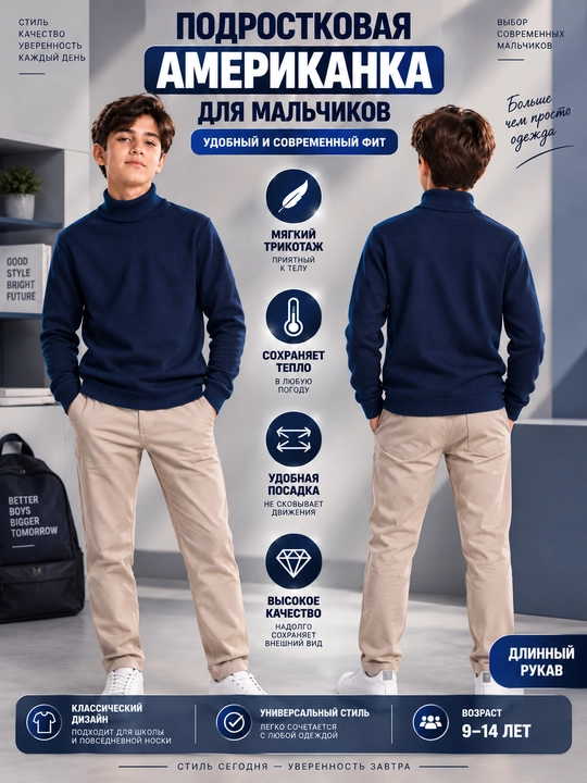 O‘smirlar uchun trikotaj vodolazka, uzun yengli, o‘g‘il bolalar uchun