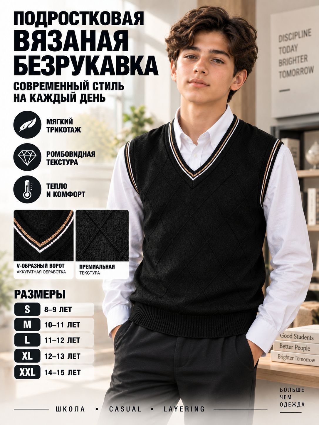 O‘smirlar uchun trikotaj nimcha, qora, V-yoqali maktab jileti, padraskoviy bezrukavka
