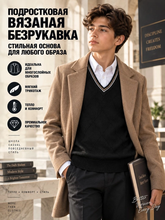 O‘smirlar uchun trikotaj nimcha, qora, V-yoqali maktab jileti, padraskoviy bezrukavka