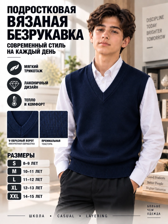 O‘smirlar uchun trikotaj nimcha, qora, V-yoqali maktab jileti, padraskoviy bezrukavka - 