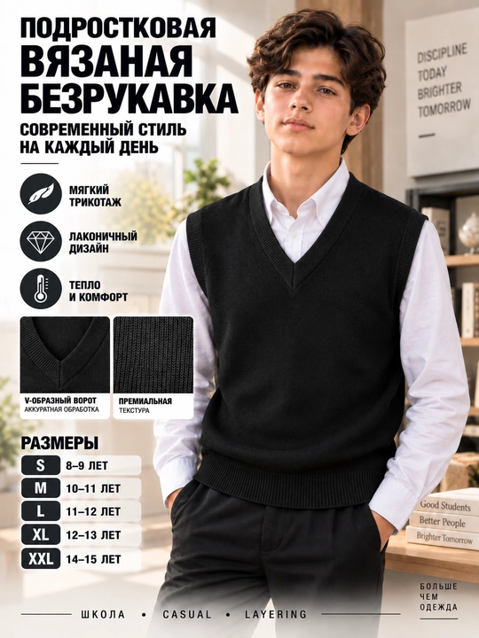 O‘smirlar uchun trikotaj nimcha, qora, V-yoqali maktab jileti, padraskoviy bezrukavka - 