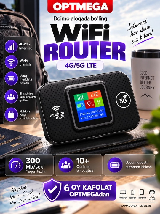 Cho'ntak Wi-Fi, router, sim kartalik wi fi router, 4G, LTE - 