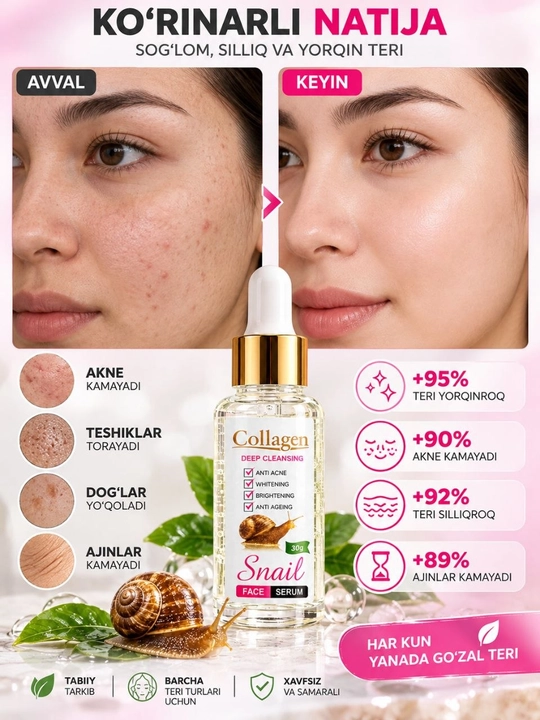 Yuz uchun zardob Collagen Snail, shilliq qurt muksini va kollagenli, aknega qarshi, 30 g