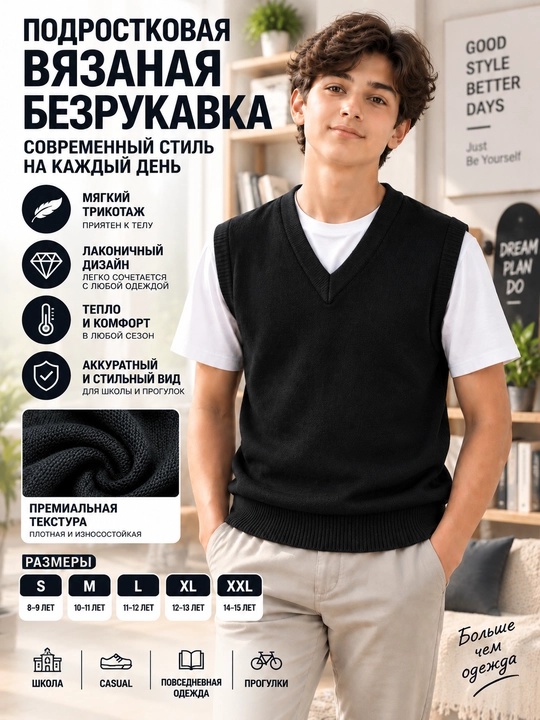 O‘smirlar uchun trikotaj nimcha, qora, V-yoqali maktab jileti, padraskoviy bezrukavka