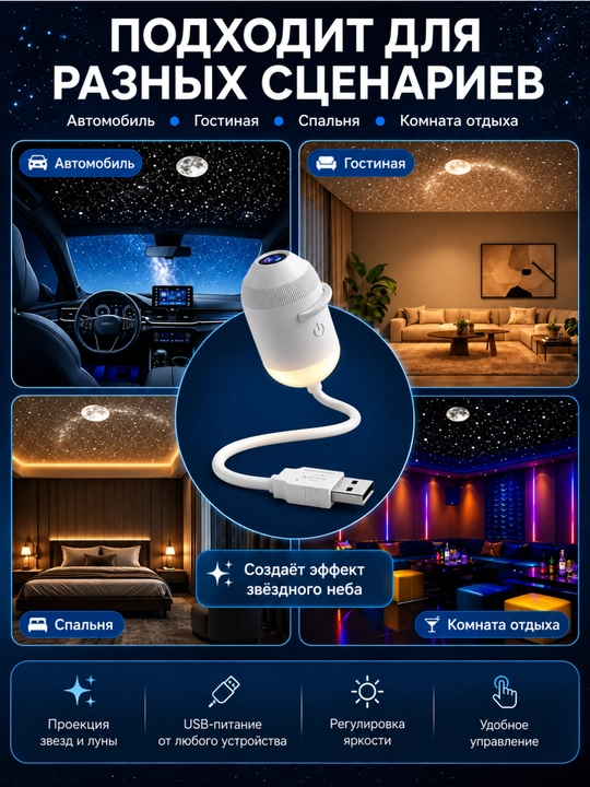 USB проектор звёздного неба, ночник-светильник, 6, 12, 24 сменных слайдов, гибкий корпус