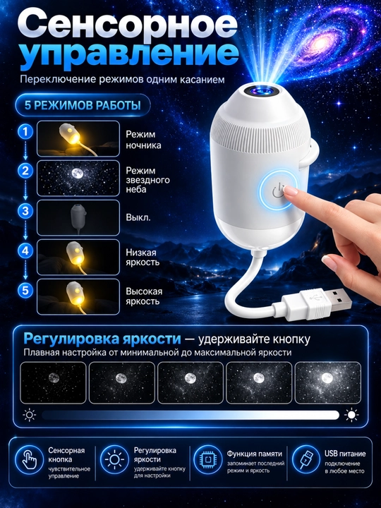 USB проектор звёздного неба, ночник-светильник, 6, 12, 24 сменных слайдов, гибкий корпус