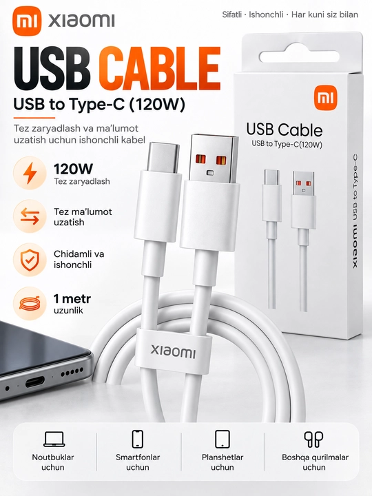 Xiaomi USB Type-C quvvatlovchi kabel 120W, USB-A — Type-C, 1 m - 