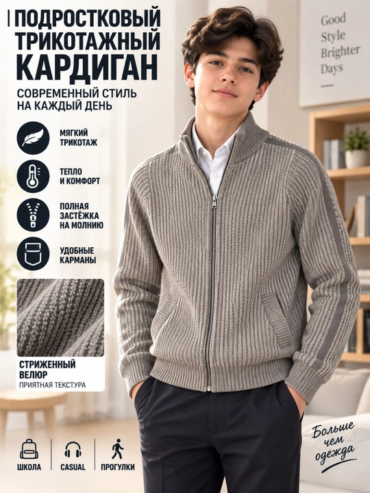 Подростковый трикотажный кардиган на молнии с карманами, 11–15 лет - 