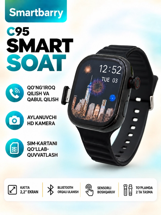 Смарт-часы C95, умные часы-телефон C95 с SIM-картой и камерой, AMOLED, звонки, 2 ремешка - 