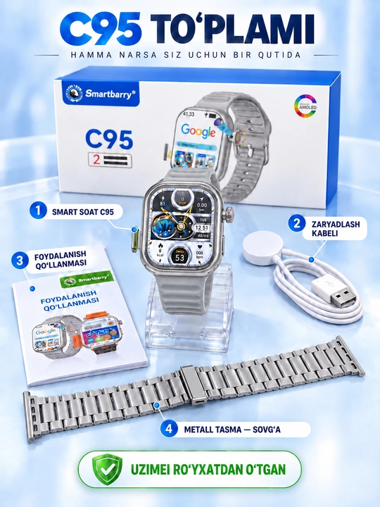 Smart soat C95, SIM-kartali aqlli soat, smart soat-telefon aylanuvchi kamera, AMOLED ekran