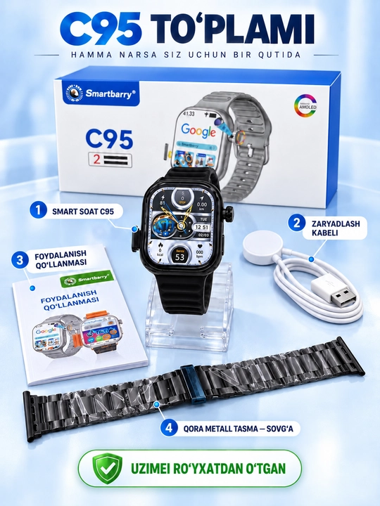 Smart soat C95, SIM-kartali aqlli soat, smart soat-telefon aylanuvchi kamera, AMOLED ekran