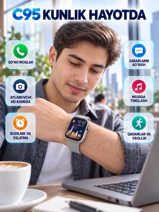 Smart soat C95, SIM-kartali aqlli soat, smart soat-telefon aylanuvchi kamera, AMOLED ekran