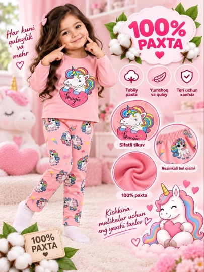 Комплект одежды для девочек из 100% хлопка топ и брюки с принтами Hello Kitty и единорогом - 