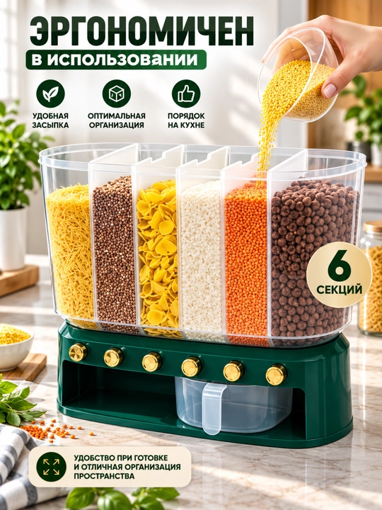 Donni saqlash dispenser idishi, dispenser, 6 ta bo'linma, hajmi 12,5 litrni tashkil qiladi