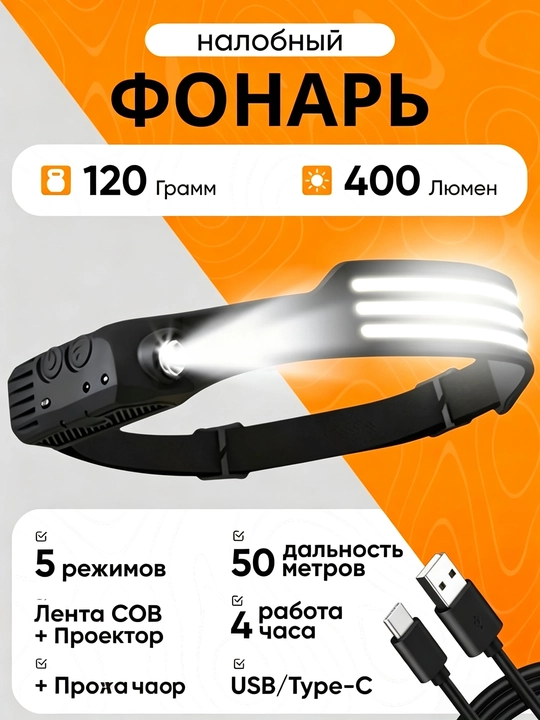 Мощный наголовный фонарь с питанием от аккумулятора, имеющий 5 режимов работы - 