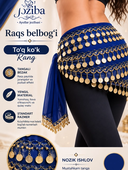 Arabcha raqs uchun tangali belbog‘ — sharqona belly dance aksessuari - 