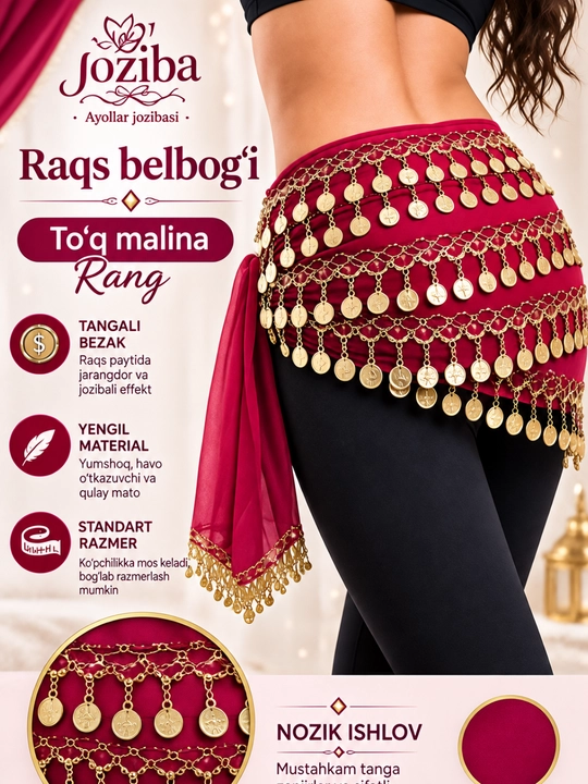 Arabcha raqs uchun tangali belbog‘ — sharqona belly dance aksessuari - 
