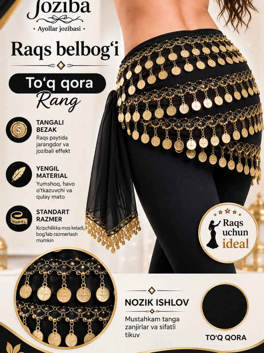 Arabcha raqs uchun tangali belbog‘ — sharqona belly dance aksessuari - 