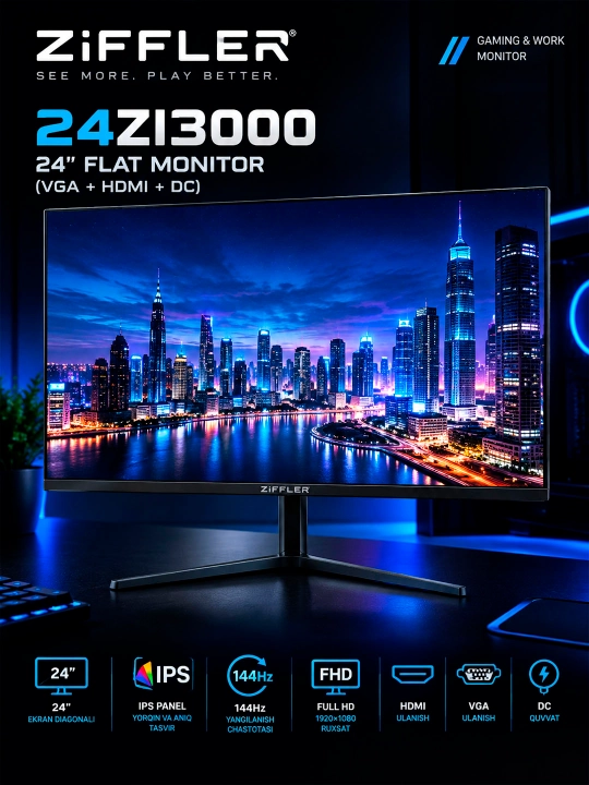 Monitor ZIFFLER 24ZI3000 24" дюймов Full HD 144Hz monitor ish, ofis , o'qish o'yin uchun - 