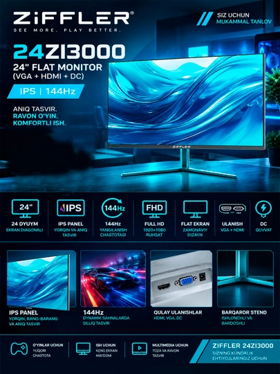 Монитор ZIFFLER 24ZI3000 24" дюймов Full HD 144Hz Flat monitor офис, учеба, работа черный