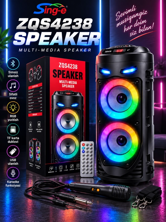 Karaoke kolonka  Bluetooth, mikrofonli, RGB yorug'lik effektli, 40 sm - 